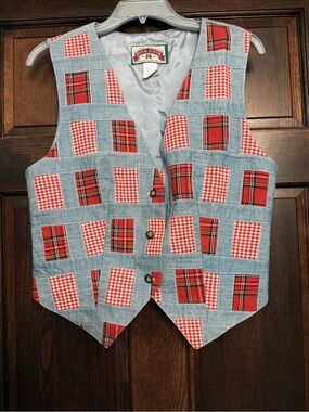 VTG Pine Cove Vest Women Small Blue Denim Sleeveless Button up Plaid Checkered